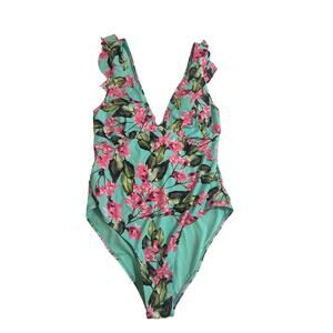 Tropical Ruffle-Shoulder One-Piece Swimsuit - Size S